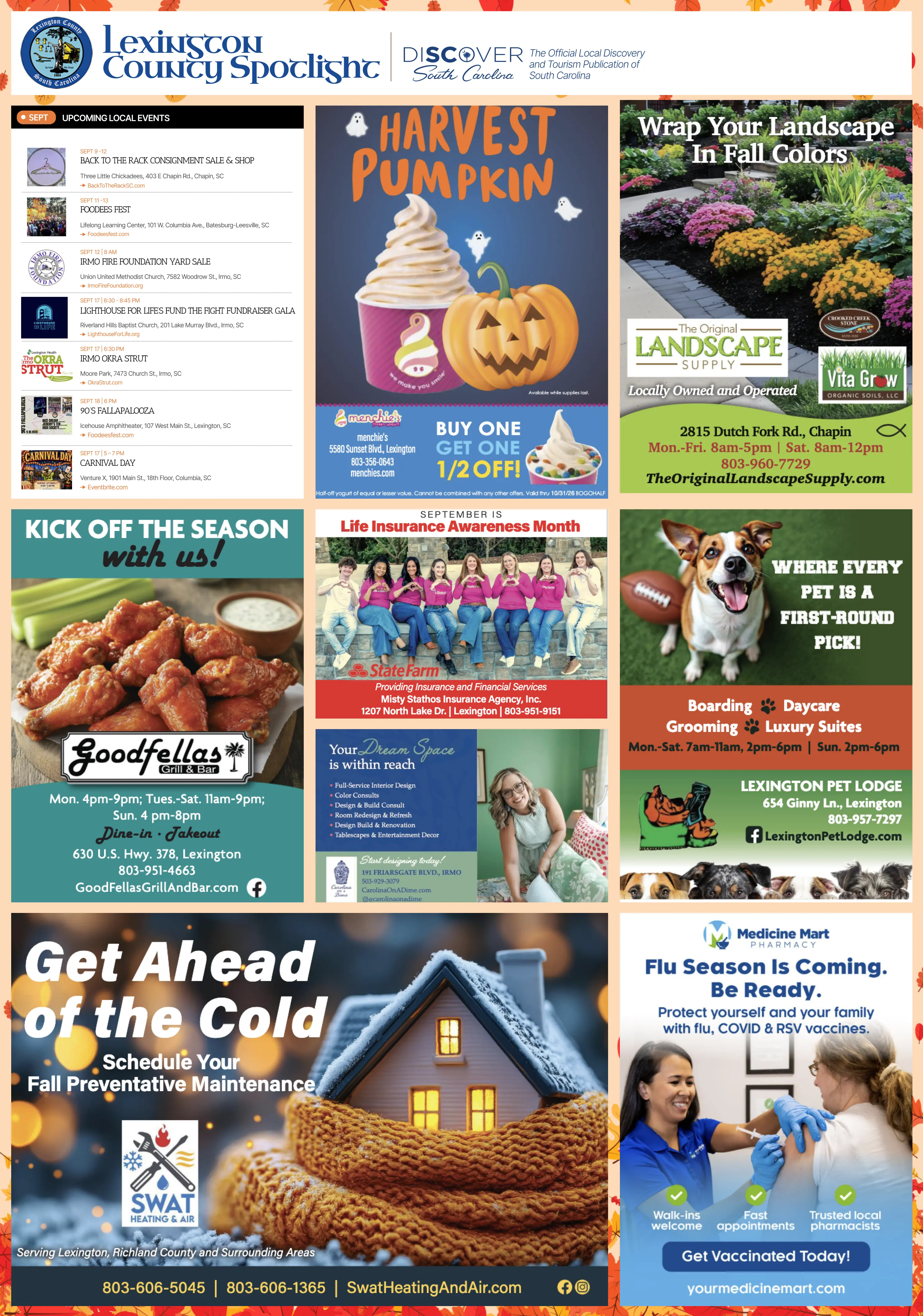 Sample Lexington County Spotlight community card with local events and business advertisements